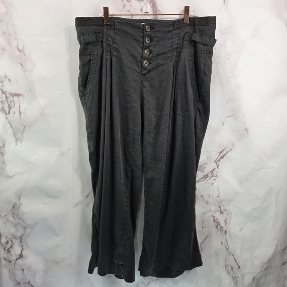 Sundance Pants Women 14 Black Linen High Rise Crop Tapered Trouser Button Fly - Picture 1 of 12